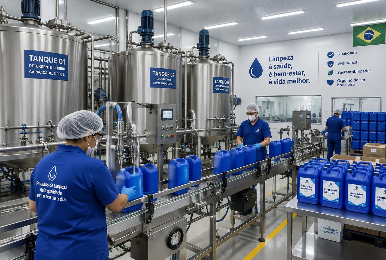 Linha de produção da fábrica MULTJET com tanques e envase de galões